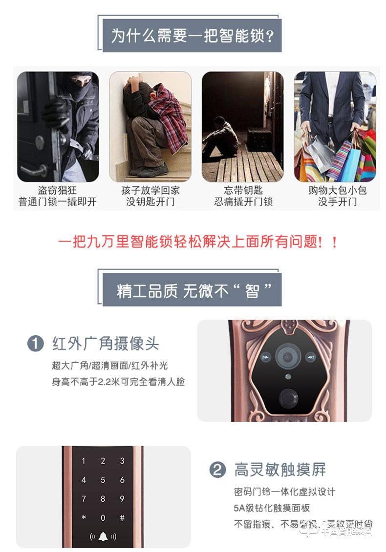 九萬里智能鎖C900 歐式古典別墅大門鎖指紋密碼鎖