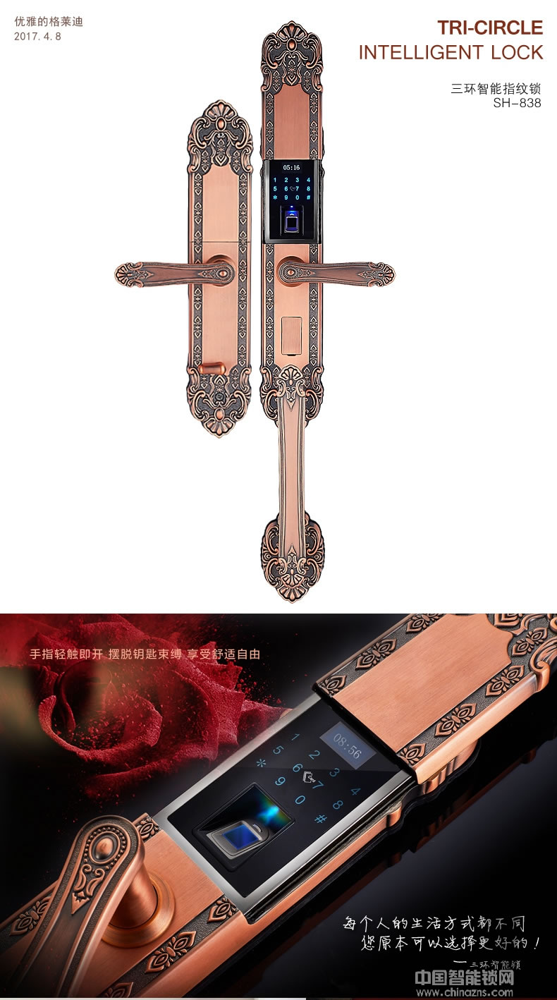 三環(huán)指紋鎖 歐式復(fù)古別墅大門密碼鎖 雙開門電子鎖