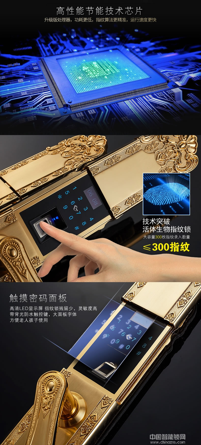 三環(huán)指紋鎖 歐式復(fù)古別墅大門密碼鎖 雙開門電子鎖